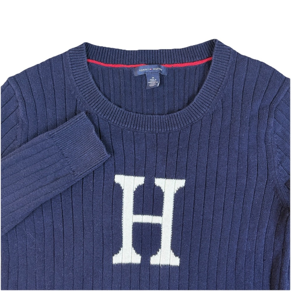 Tommy Hilfiger Womens Ribbed Knit Crewneck Sweater Logo‎ Cotton Pullover Medium